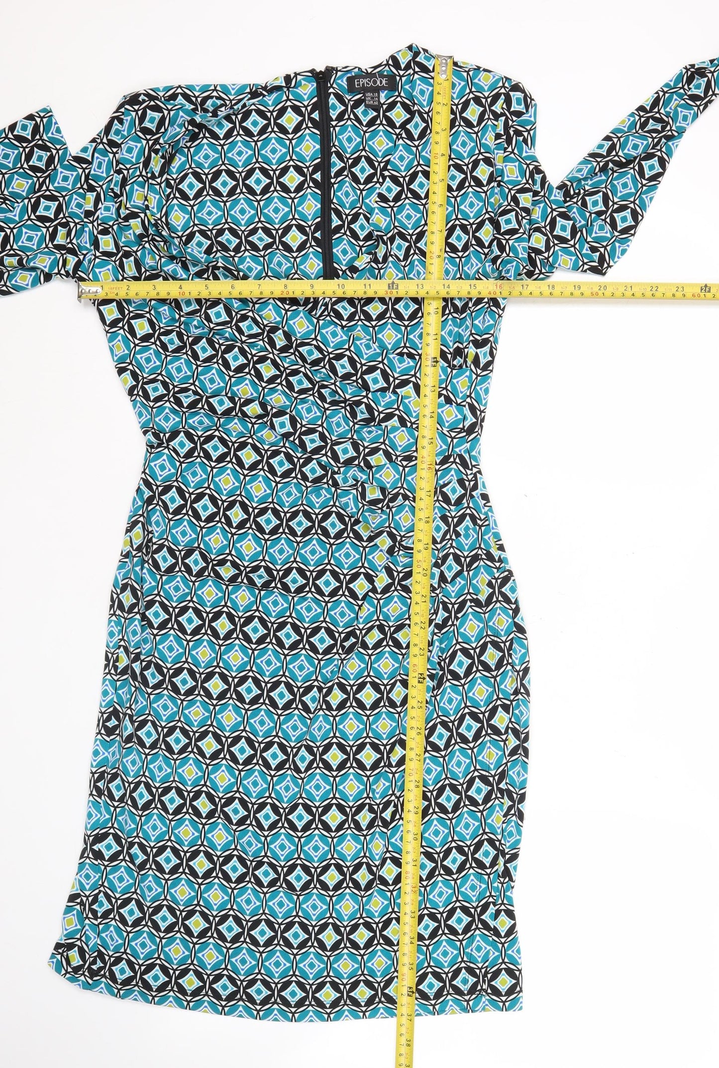 Episode Women’s Blue Geometric Bodycon Dress UK 14 Knee Length
