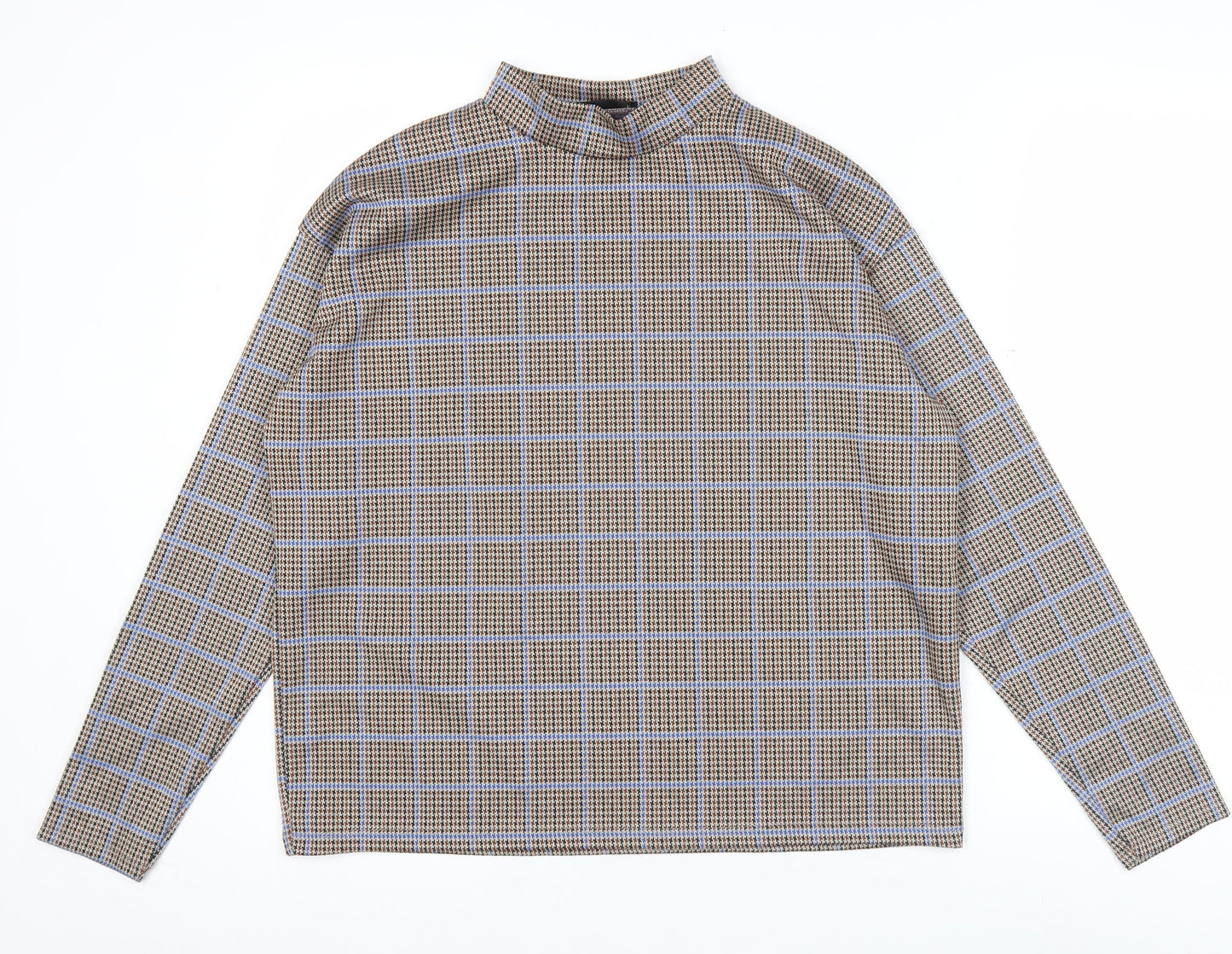 Pull&Bear Women’s Brown Check Mock Neck Long Sleeve Blouse M