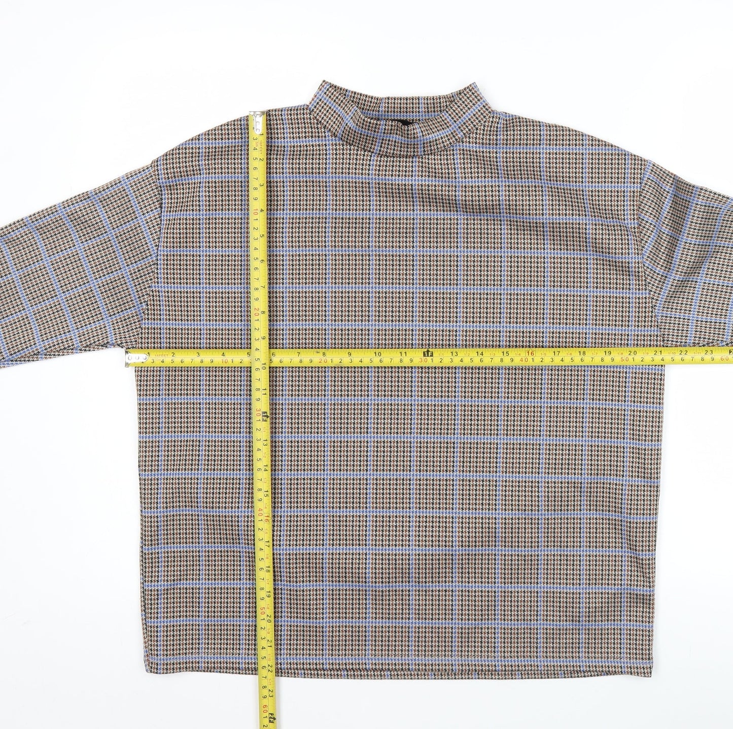 Pull&Bear Women’s Brown Check Mock Neck Long Sleeve Blouse M