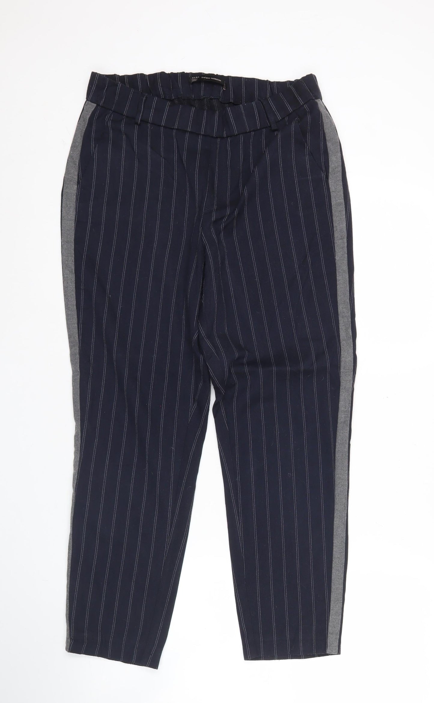Zara Women Blue Striped Straight Trousers Size S Elastic Waist
