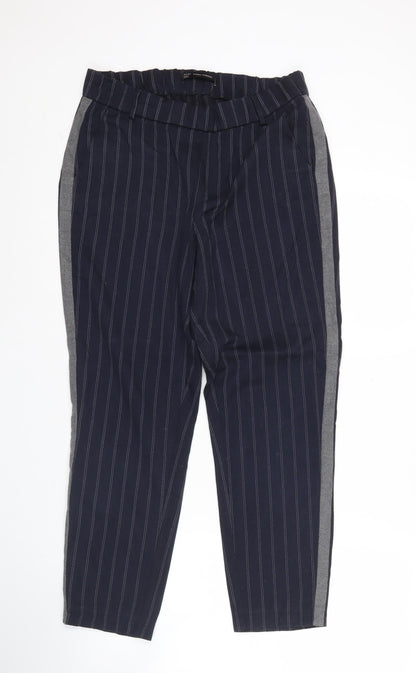 Zara Women Blue Striped Straight Trousers Size S Elastic Waist
