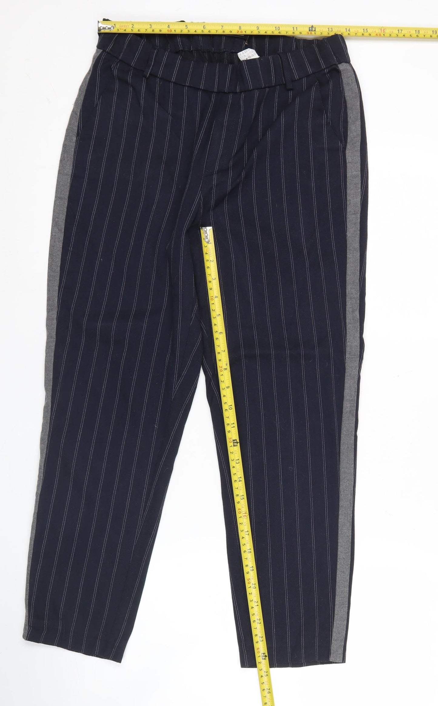 Zara Women Blue Striped Straight Trousers Size S Elastic Waist