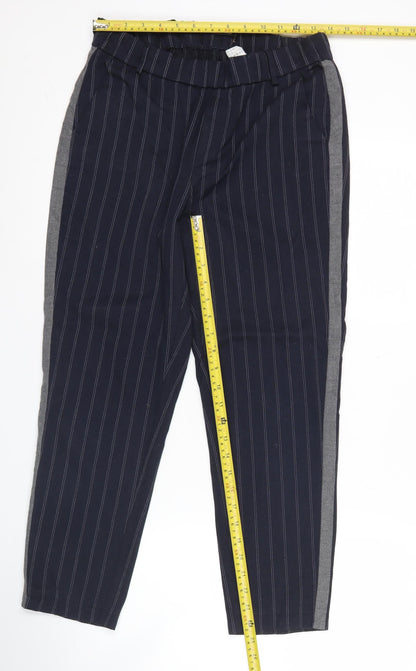 Zara Women Blue Striped Straight Trousers Size S Elastic Waist