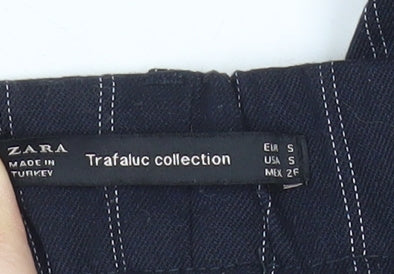 Zara Women Blue Striped Straight Trousers Size S Elastic Waist