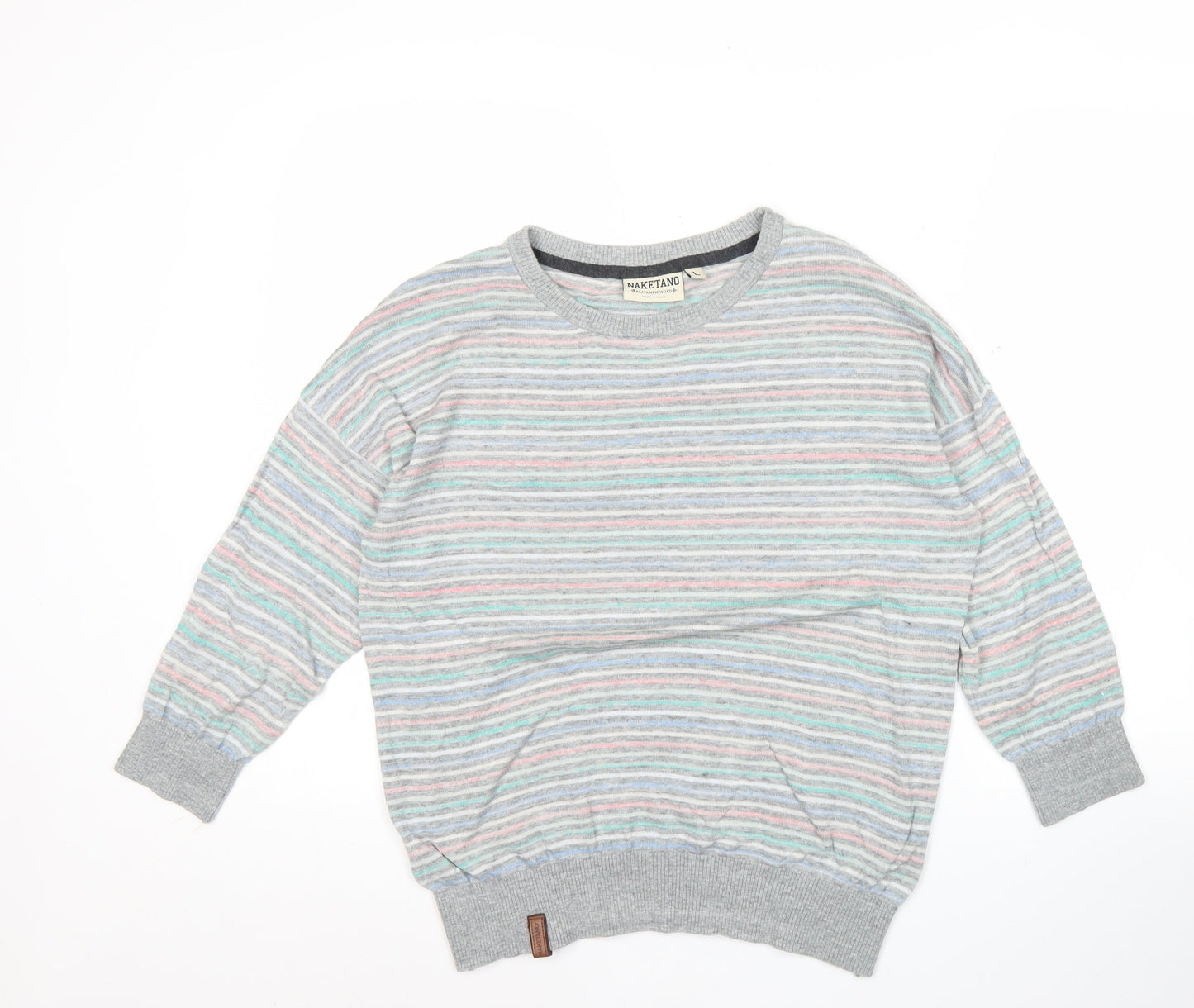 Naketano Men’s Grey Striped Crew Neck Pullover Jumper Size L