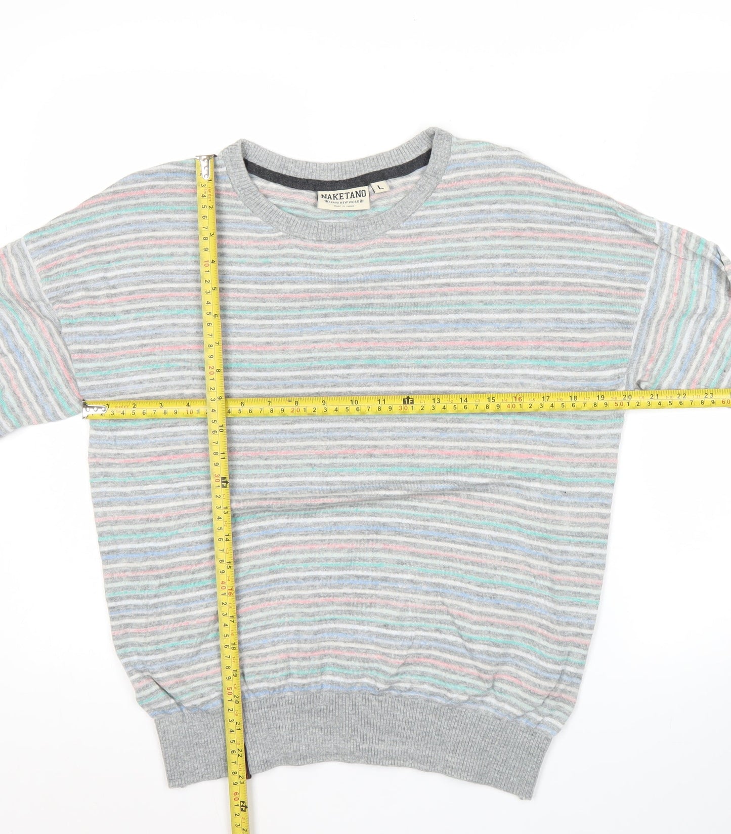 Naketano Men’s Grey Striped Crew Neck Pullover Jumper Size L