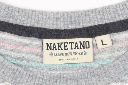 Naketano Men’s Grey Striped Crew Neck Pullover Jumper Size L