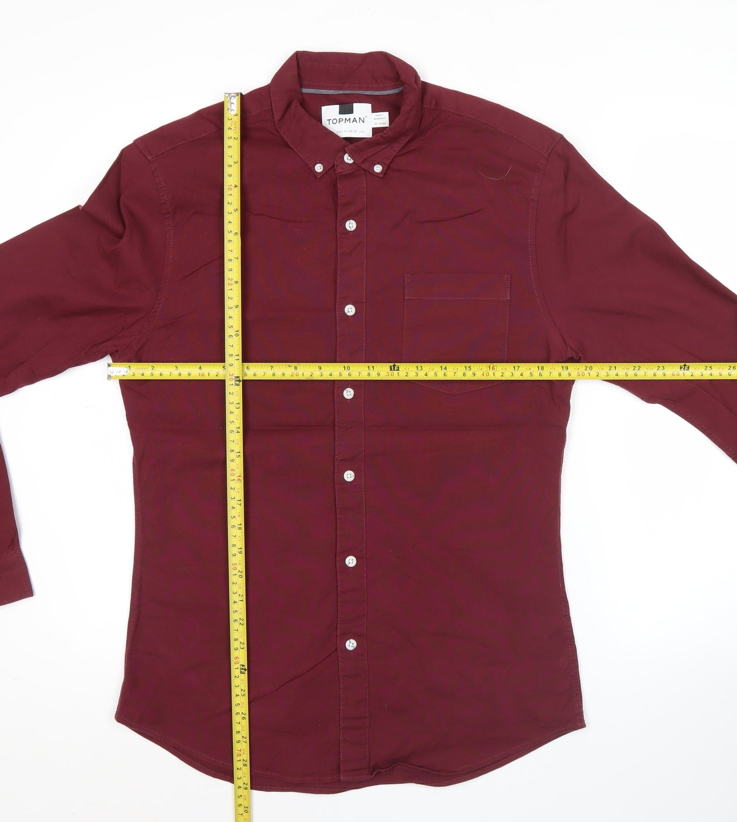 Topman Mens Red Slim Fit Button-Up Shirt L Long Sleeve Cotton