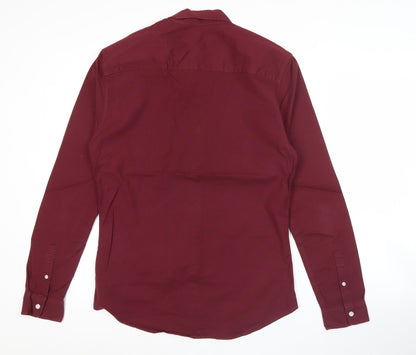 Topman Mens Red Slim Fit Button-Up Shirt L Long Sleeve Cotton