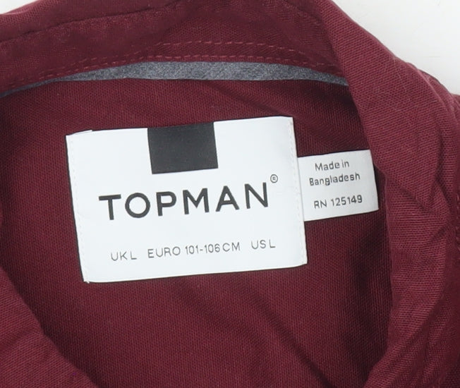 Topman Mens Red Slim Fit Button-Up Shirt L Long Sleeve Cotton