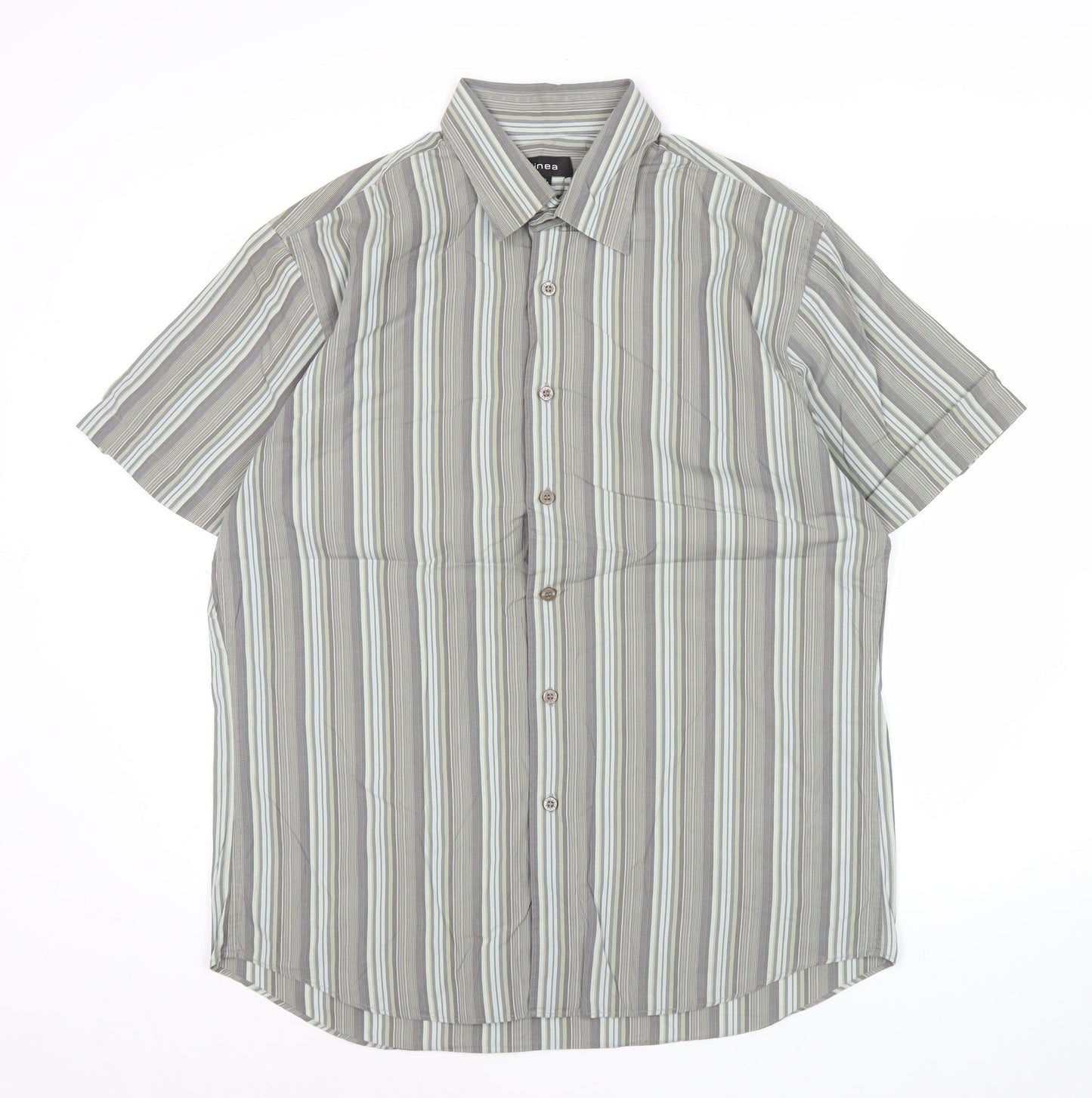 Linea Men’s Grey Striped Short Sleeve Cotton Button Up Shirt XL