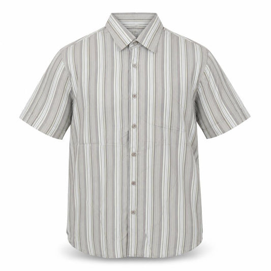 Front view of Linea Men’s Grey Striped Short Sleeve Cotton Button Up Shirt XL