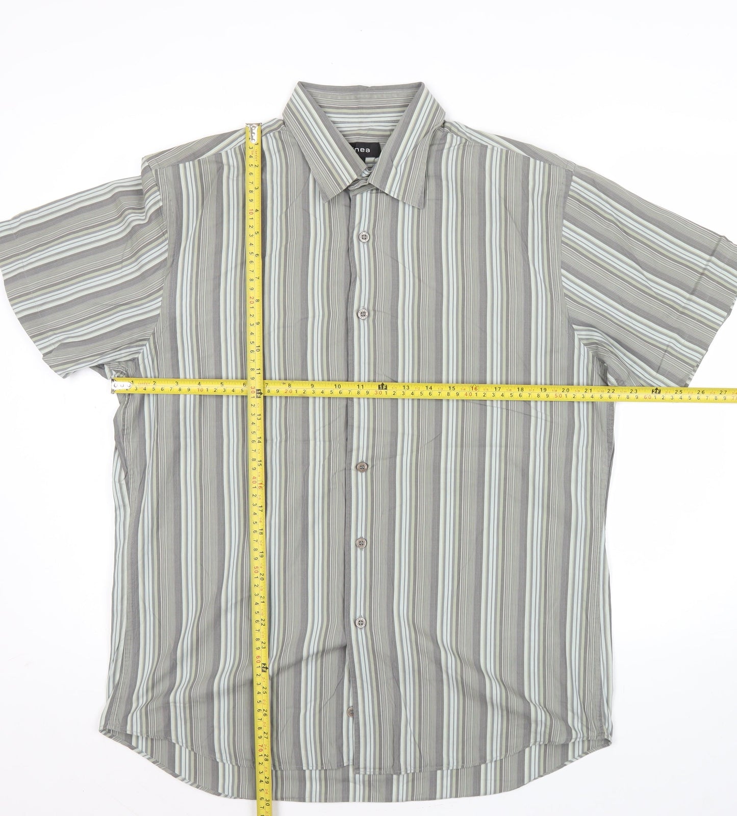 Linea Men’s Grey Striped Short Sleeve Cotton Button Up Shirt XL