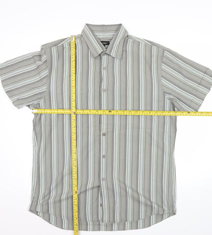 Linea Men’s Grey Striped Short Sleeve Cotton Button Up Shirt XL