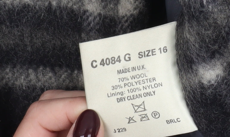 Accolade Womens Black Plaid Wool Blend Mid-Length Overcoat Size 16