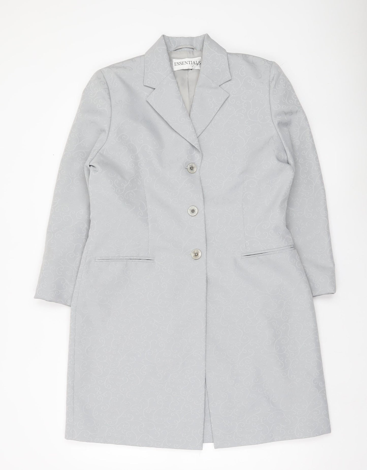 Essentials Women Grey Long Coat Size 14 Polyester Overcoat