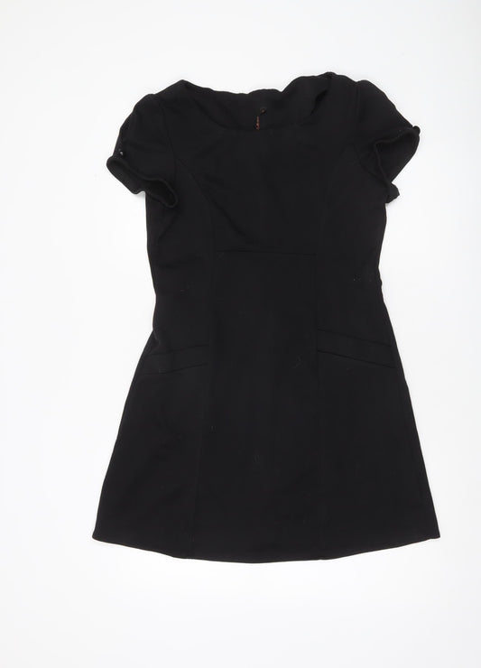 Additional front view of E-vie Women’s Black Shift Dress, size UK 14, Short Sleeve Round Neck