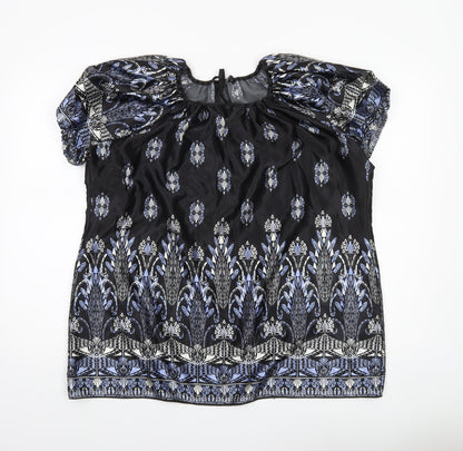 Bm Womens Black Floral Satin Tunic Blouse Size 18 Puff Sleeve