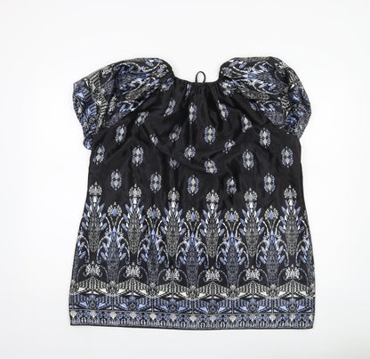 Bm Womens Black Floral Satin Tunic Blouse Size 18 Puff Sleeve