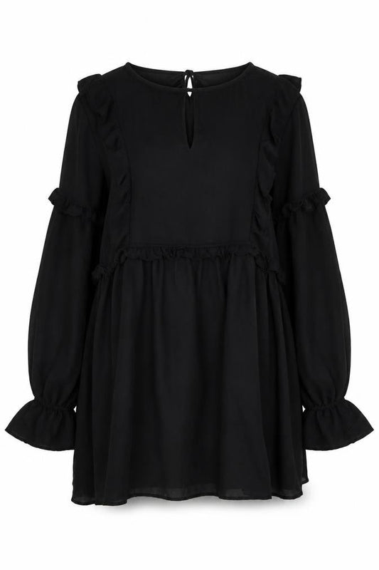Front view of In The Style Women’s Black, size UK 12, Shift Mini Dress Ruffle Long Sleeve