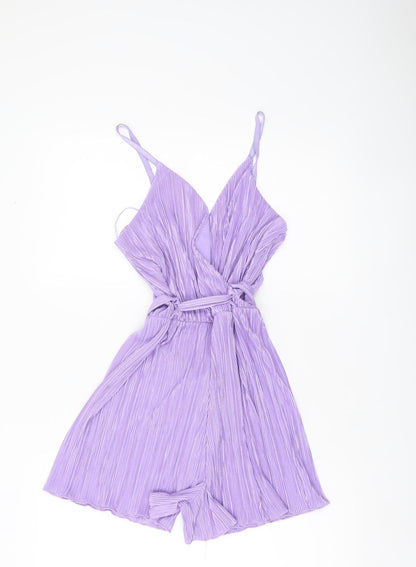Quiz Women Purple Size 8 Pleated Playsuit V-Neck Belted Summer