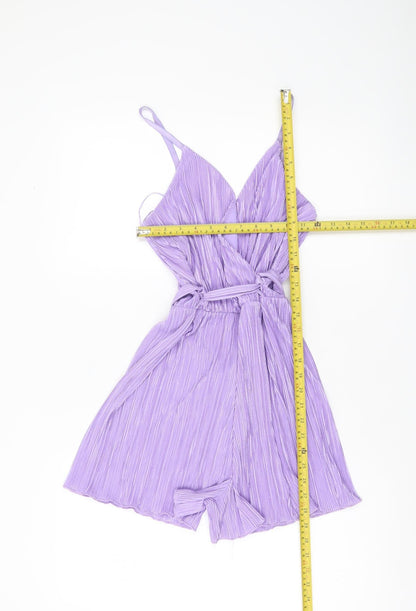Quiz Women Purple Size 8 Pleated Playsuit V-Neck Belted Summer