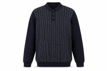 Front view of Easy Men's XL Blue Collared Henley Jumper Long Sleeve Knit
