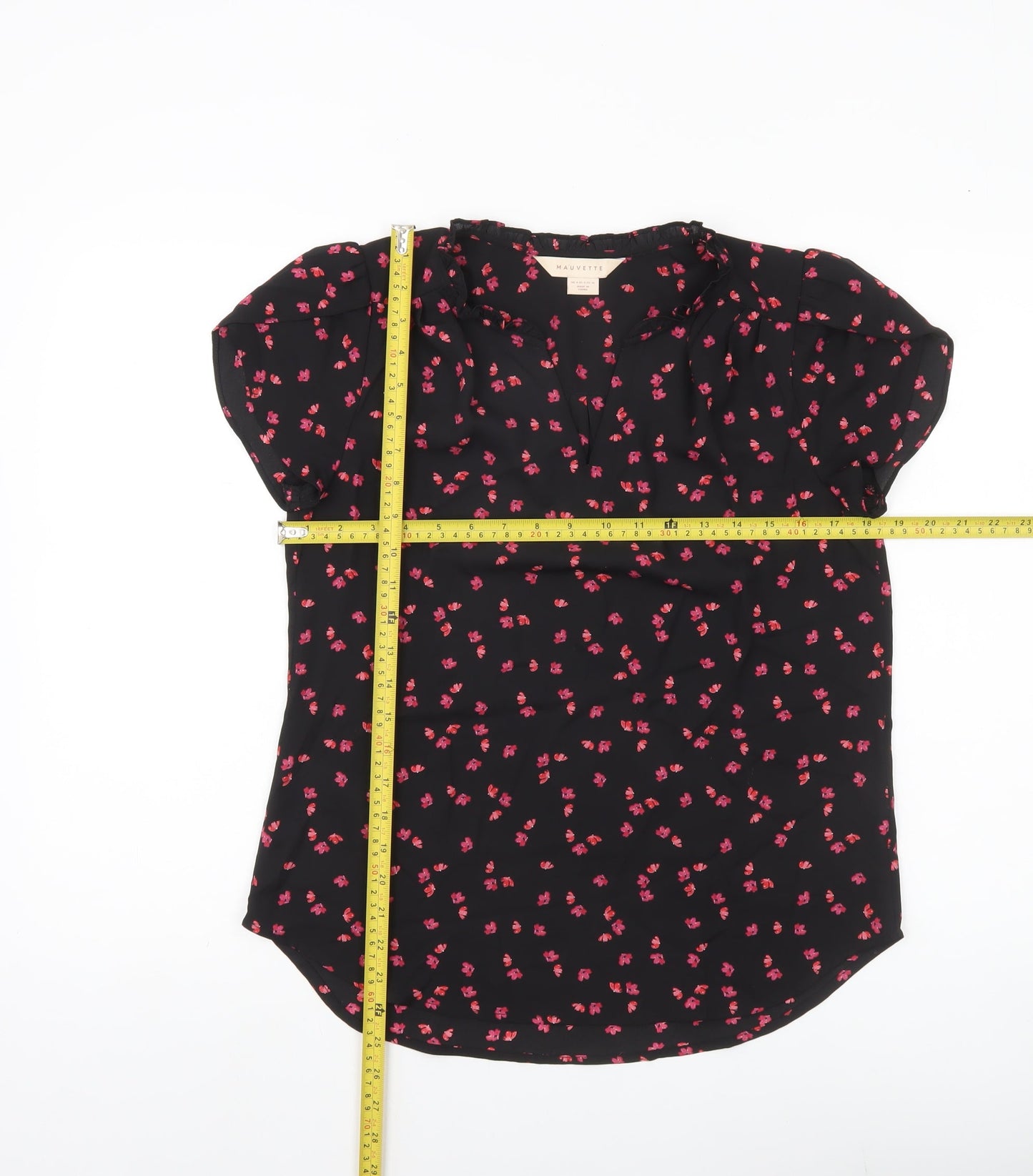 Mauvette Womens Black Floral Blouse Size 8 Short Sleeve Tunic