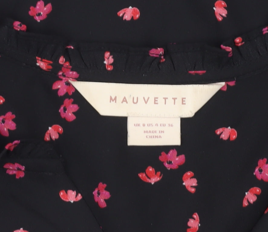 Mauvette Womens Black Floral Blouse Size 8 Short Sleeve Tunic