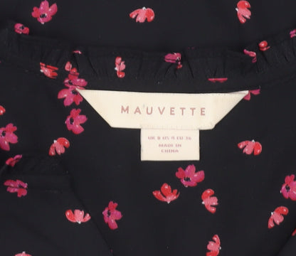 Mauvette Womens Black Floral Blouse Size 8 Short Sleeve Tunic