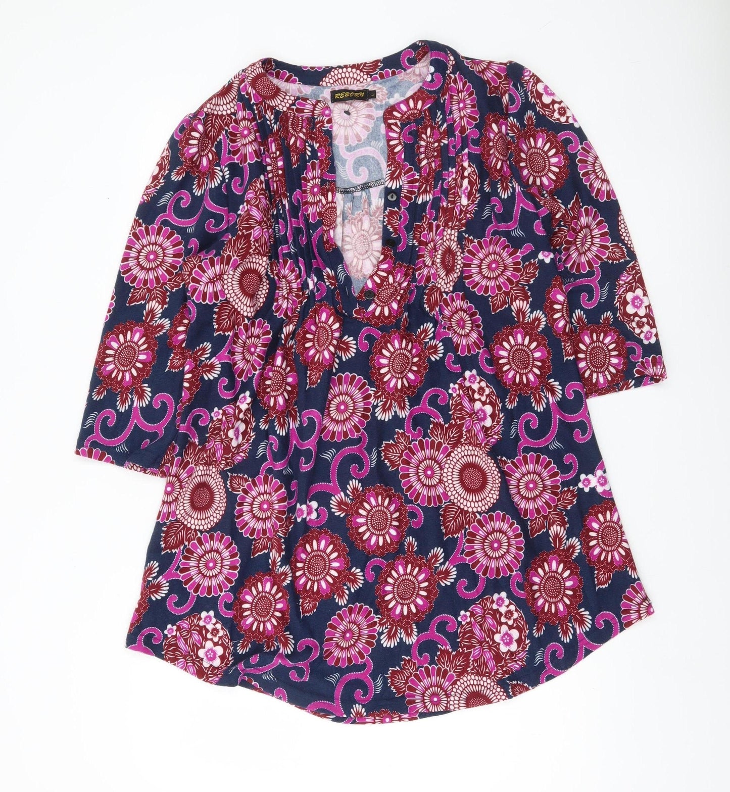 Reborn Womens Multicoloured Floral Tunic Blouse L V-Neck 3/4 Sleeve