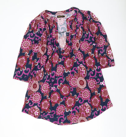 Reborn Womens Multicoloured Floral Tunic Blouse L V-Neck 3/4 Sleeve