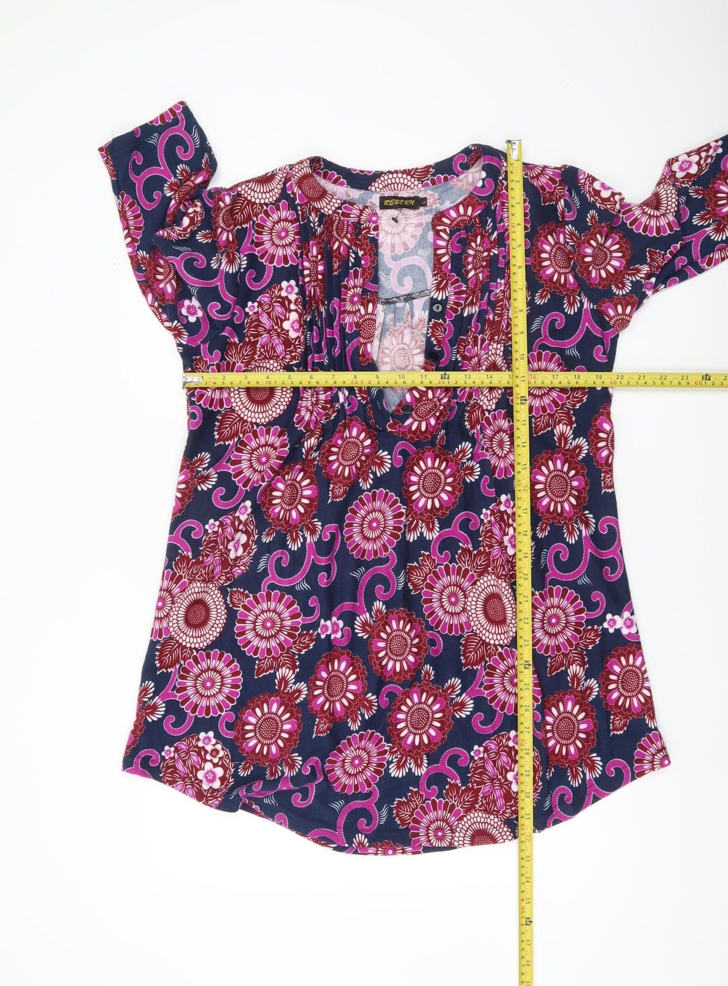 Reborn Womens Multicoloured Floral Tunic Blouse L V-Neck 3/4 Sleeve