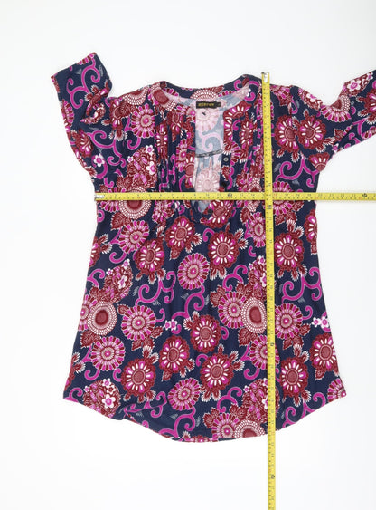 Reborn Womens Multicoloured Floral Tunic Blouse L V-Neck 3/4 Sleeve