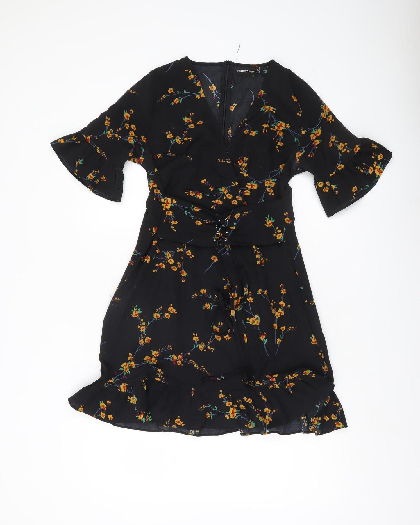 PrettyLittleThing Women’s Black Floral Wrap Dress Size 10 V-Neck Ruffle