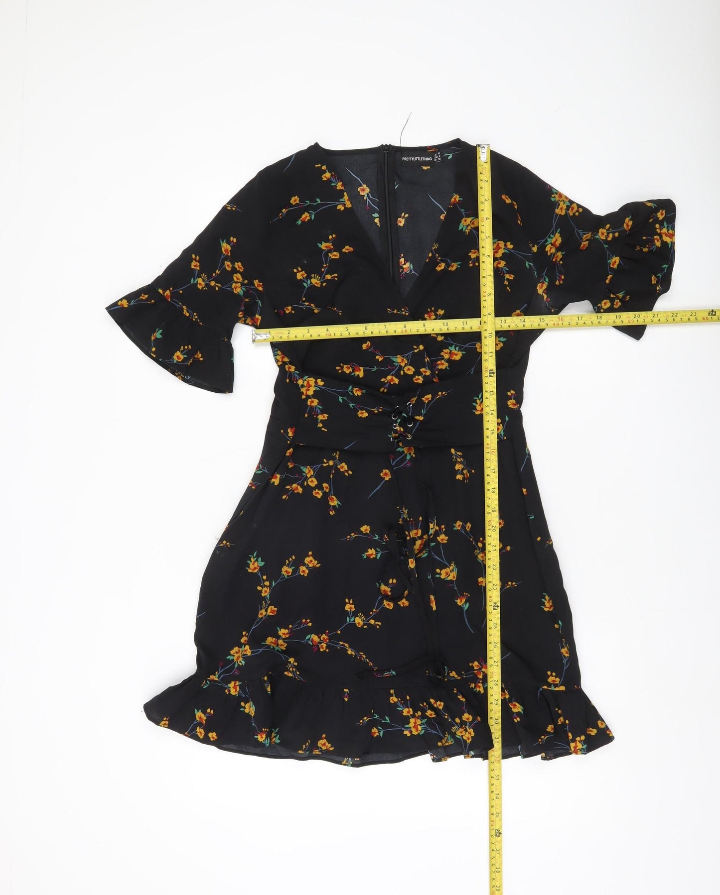 PrettyLittleThing Women’s Black Floral Wrap Dress Size 10 V-Neck Ruffle