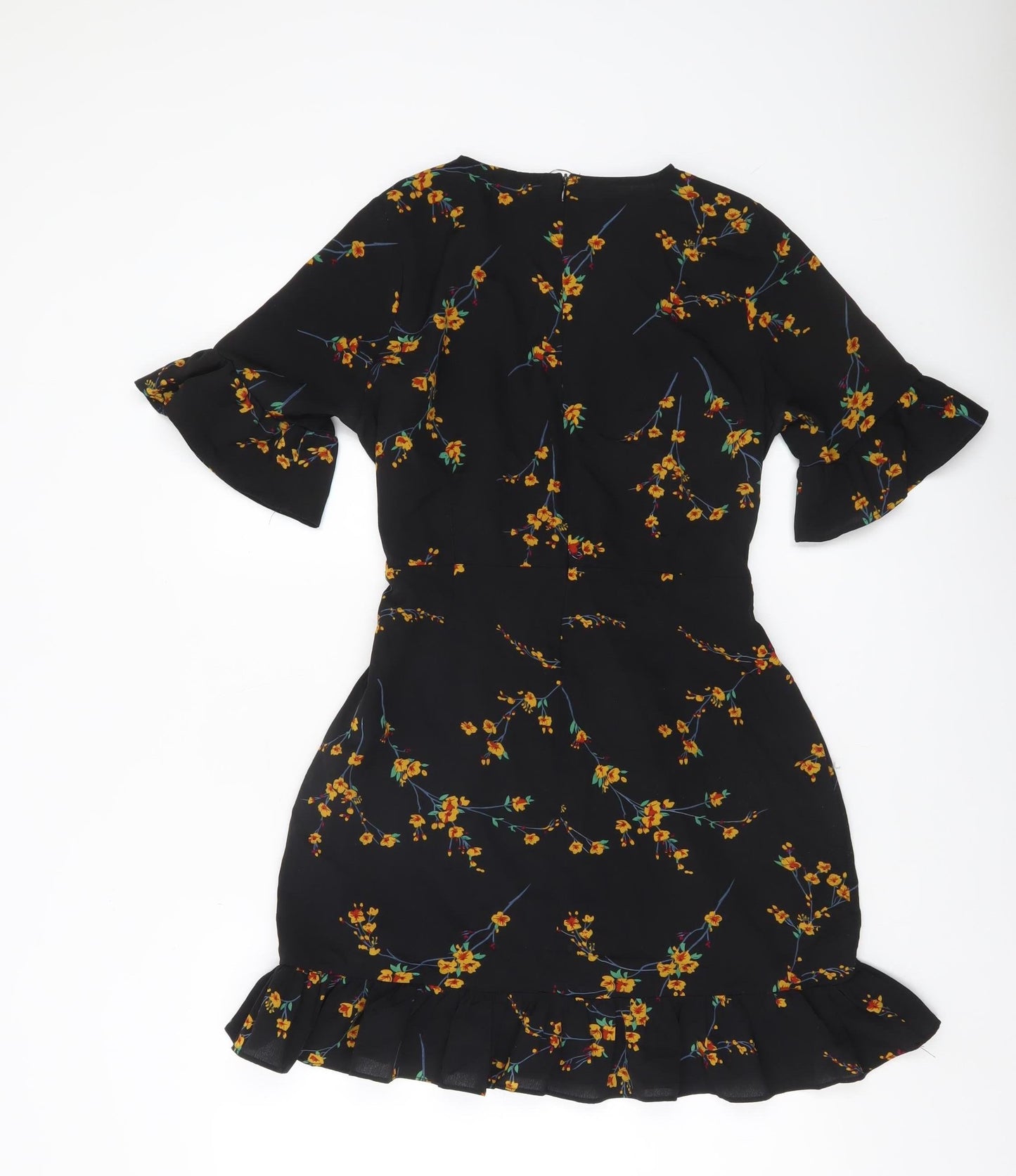 PrettyLittleThing Women’s Black Floral Wrap Dress Size 10 V-Neck Ruffle