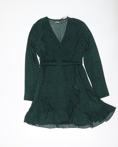 Missguided Women Green Animal Print Wrap Dress Size 10