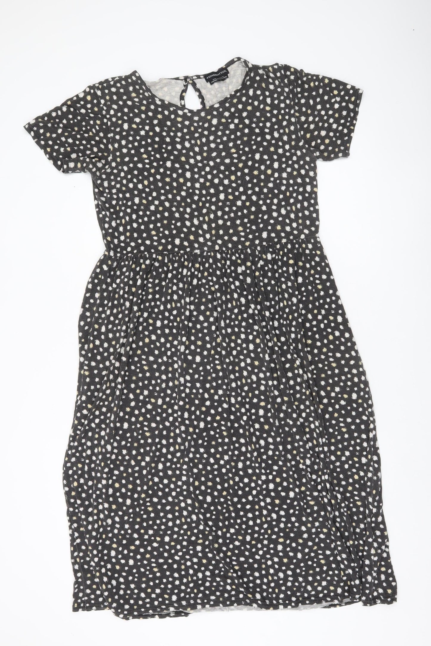 Wednesday's Girl Women Black Polka Dot Skater Dress Size M Short Sleeve