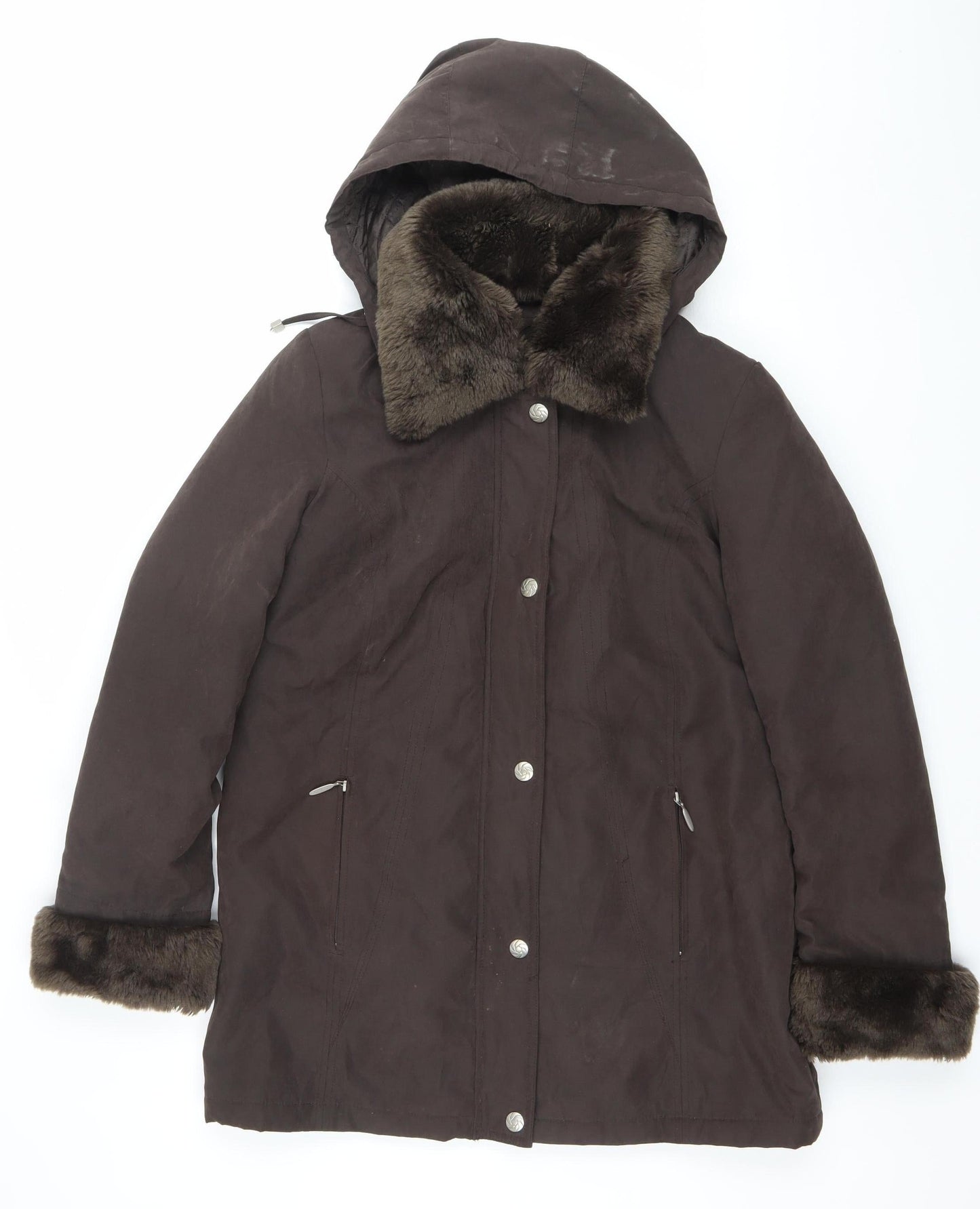 Bm Collection Womens Brown Faux Fur Trim Hooded Parka Coat Size S