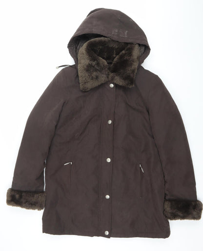 Bm Collection Womens Brown Faux Fur Trim Hooded Parka Coat Size S