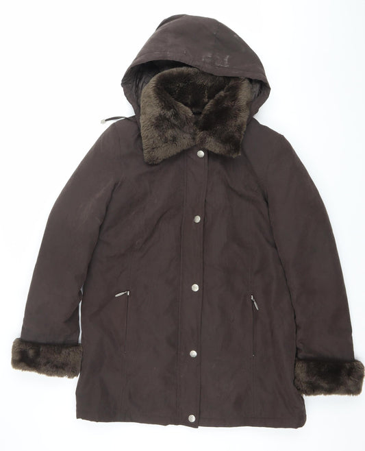Bm Collection Womens Brown Faux Fur Trim Hooded Parka Coat Size S