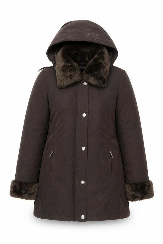 Bm Collection Womens Brown Faux Fur Trim Hooded Parka Coat Size S