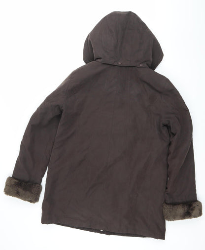 Bm Collection Womens Brown Faux Fur Trim Hooded Parka Coat Size S