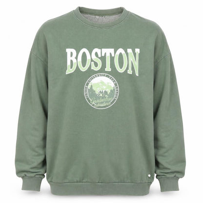 Front view of Pull&Bear unisex green boston logo sweatshirt xl cotton blend