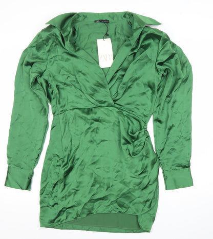 Zara Women’s Green Satin Wrap Mini Dress Size 8 Long Sleeve Party