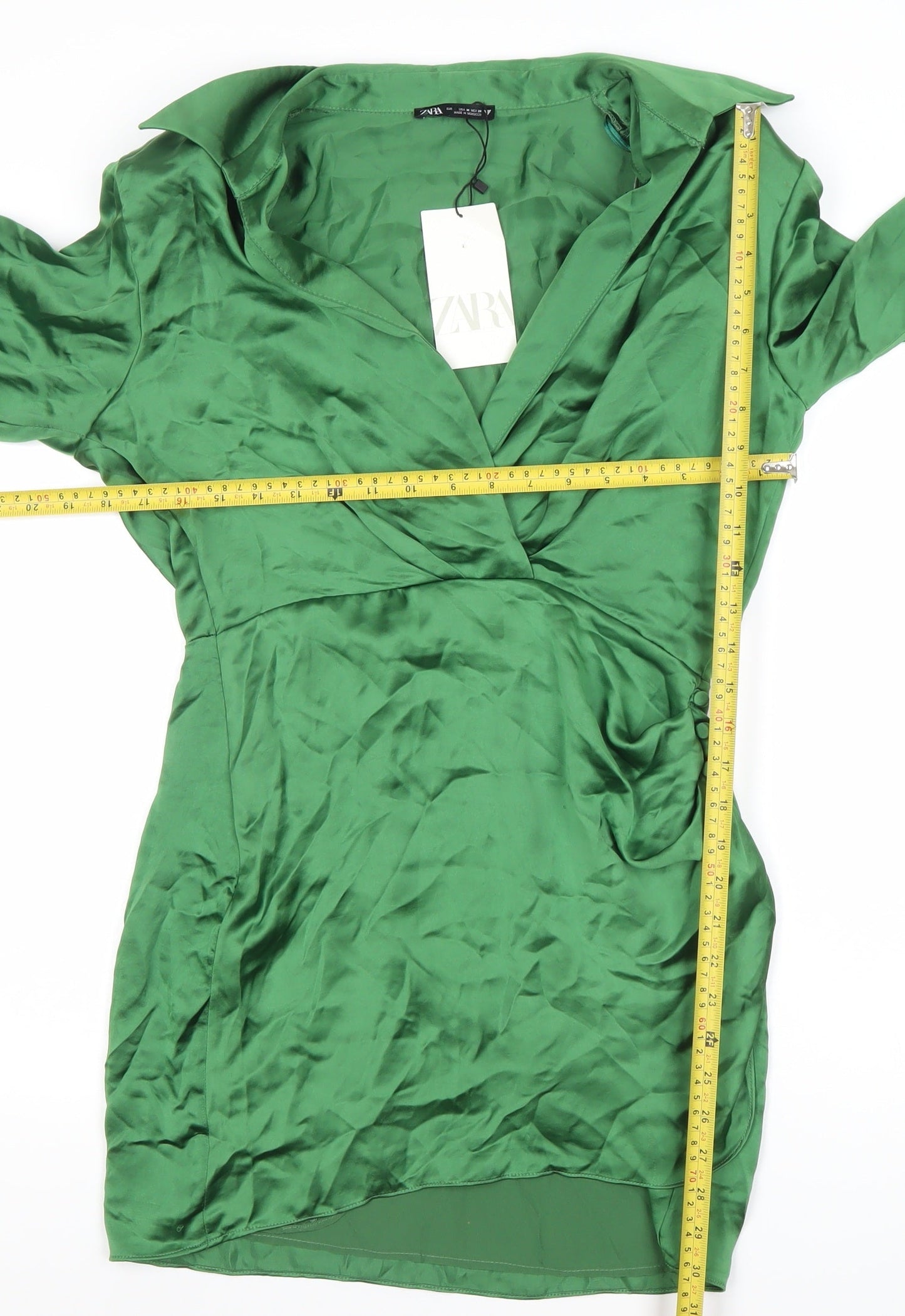 Zara Women’s Green Satin Wrap Mini Dress Size 8 Long Sleeve Party