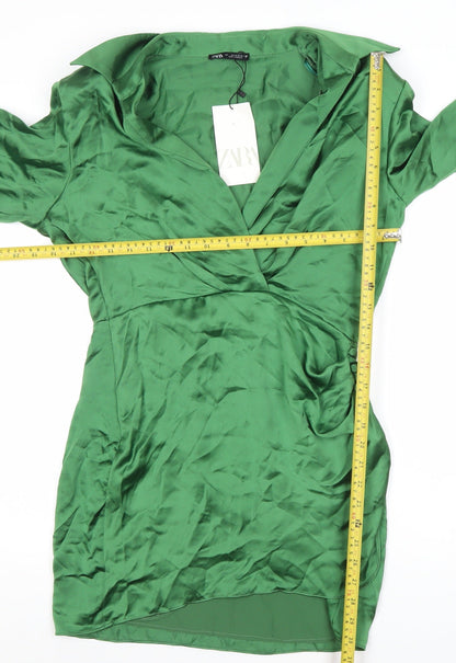 Zara Women’s Green Satin Wrap Mini Dress Size 8 Long Sleeve Party