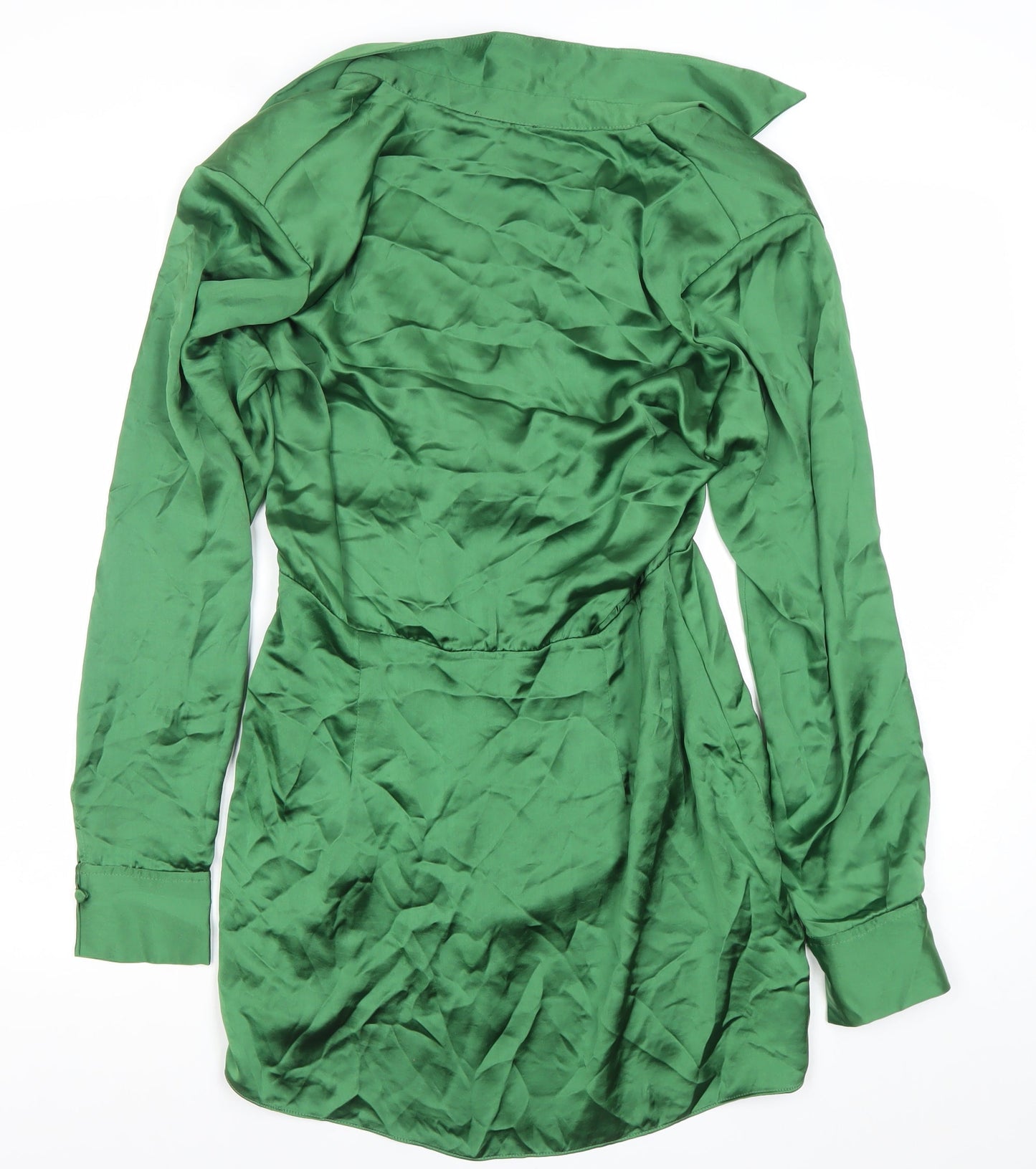 Zara Women’s Green Satin Wrap Mini Dress Size 8 Long Sleeve Party