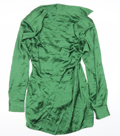 Zara Women’s Green Satin Wrap Mini Dress Size 8 Long Sleeve Party